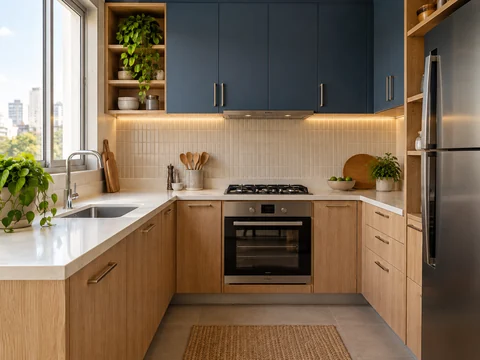 Cozinha com armários sob medida em madeira clara e azul.