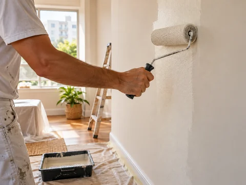 Profissional aplica tinta clara à parede com um rolo.
